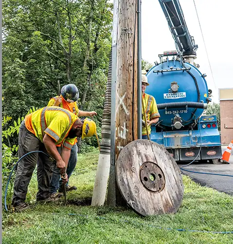 Workers are using Hydrovac excavation near a utility pole on a street.