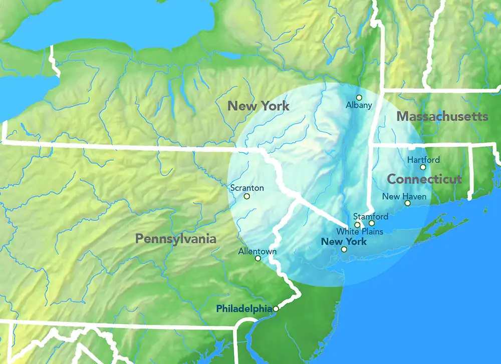 Map with radius of 90 miles around Montgomery, NY.